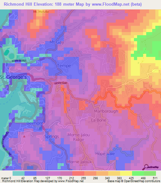 Richmond Hill,Grenada Elevation Map