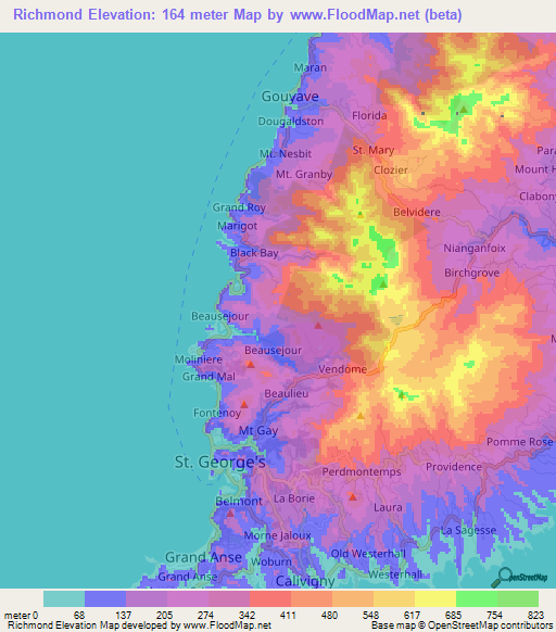 Richmond,Grenada Elevation Map