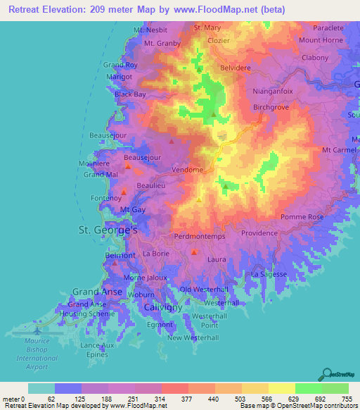 Retreat,Grenada Elevation Map