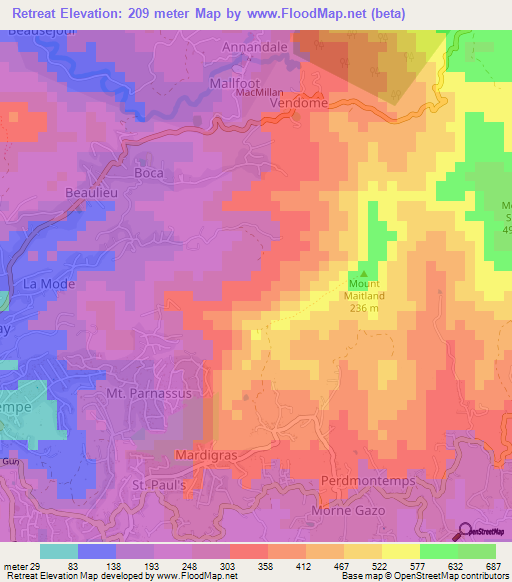 Retreat,Grenada Elevation Map