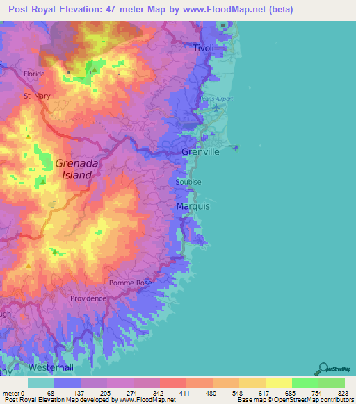 Post Royal,Grenada Elevation Map