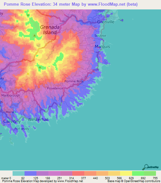 Pomme Rose,Grenada Elevation Map