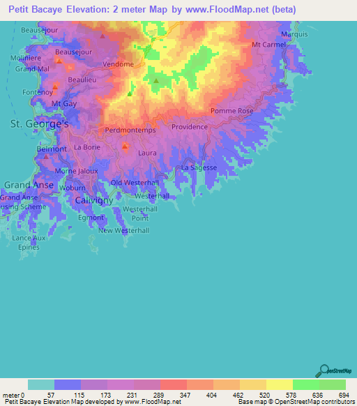 Petit Bacaye,Grenada Elevation Map