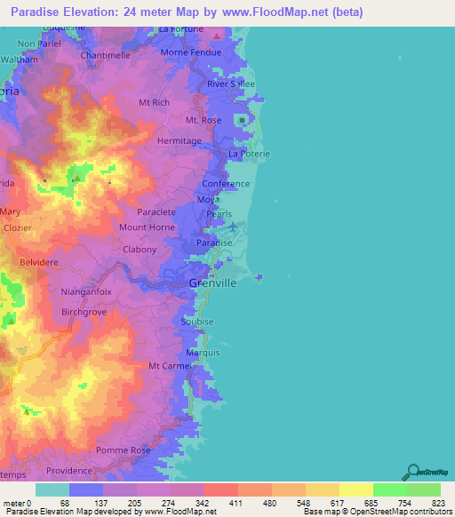 Paradise,Grenada Elevation Map