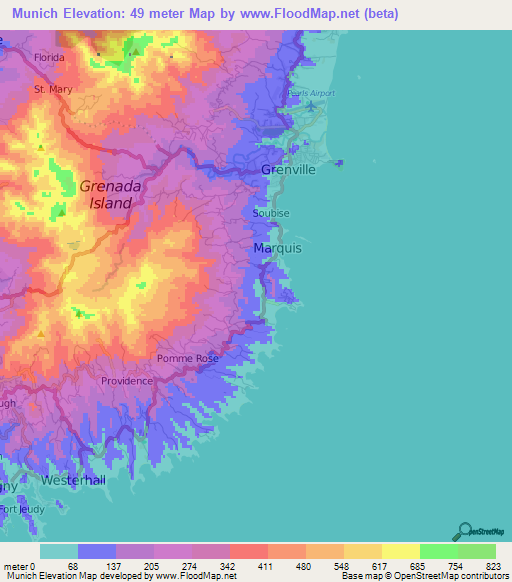 Munich,Grenada Elevation Map