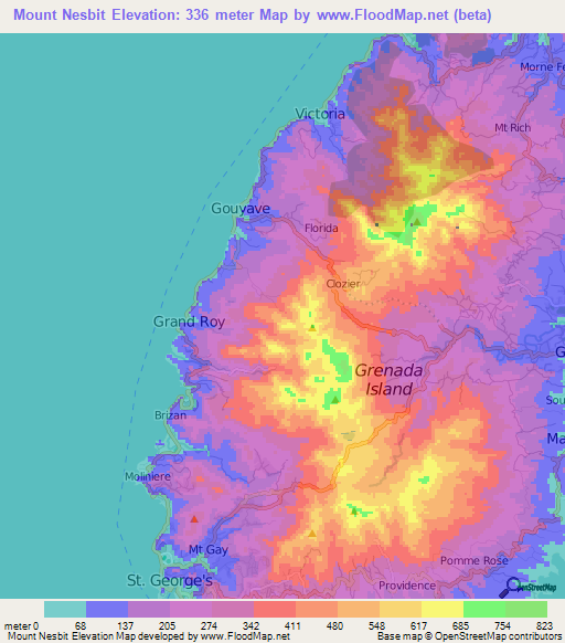 Mount Nesbit,Grenada Elevation Map