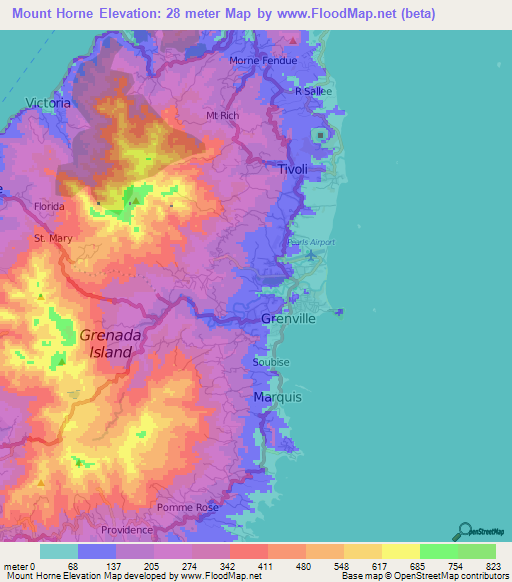 Mount Horne,Grenada Elevation Map
