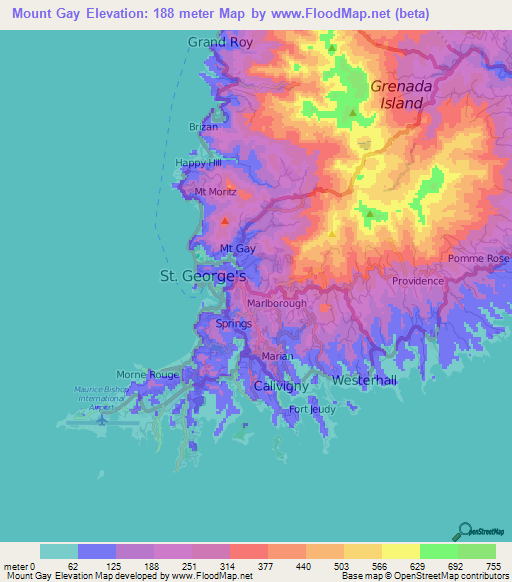 Mount Gay,Grenada Elevation Map