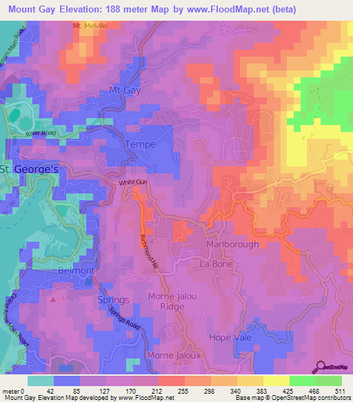 Mount Gay,Grenada Elevation Map