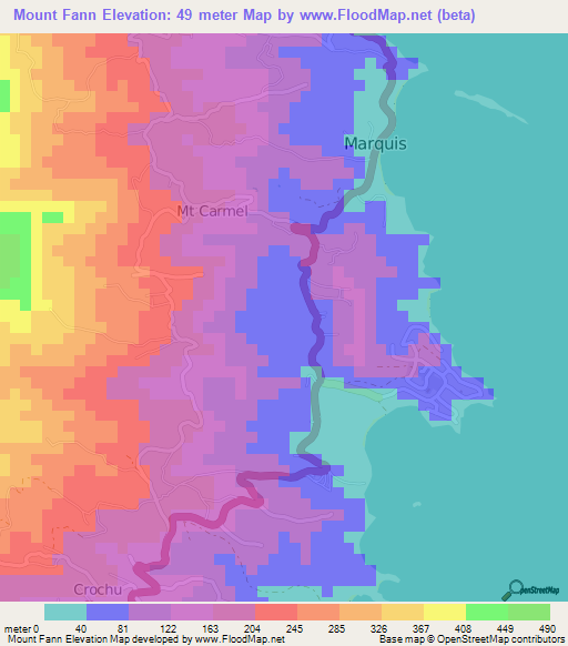 Mount Fann,Grenada Elevation Map