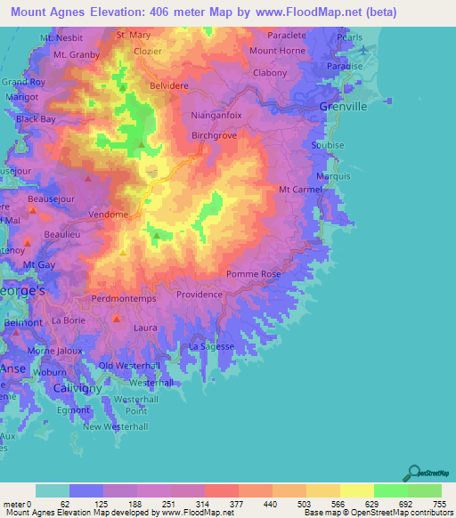 Mount Agnes,Grenada Elevation Map
