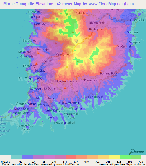 Morne Tranquille,Grenada Elevation Map