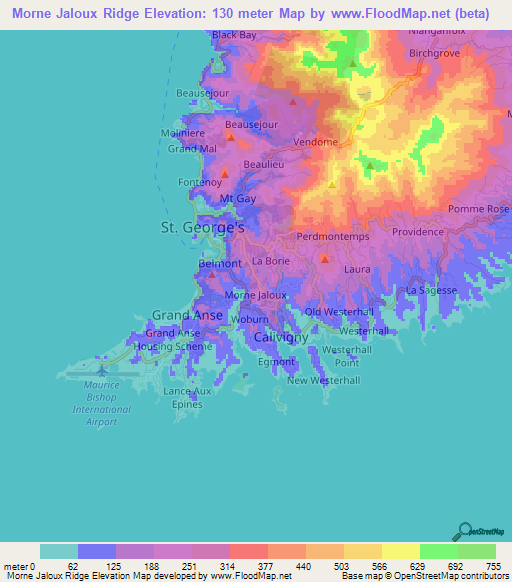 Morne Jaloux Ridge,Grenada Elevation Map