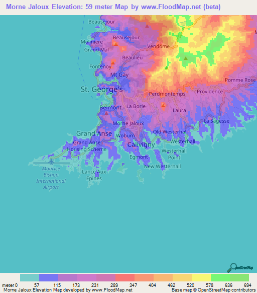 Morne Jaloux,Grenada Elevation Map