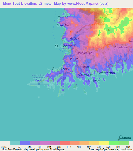 Mont Tout,Grenada Elevation Map