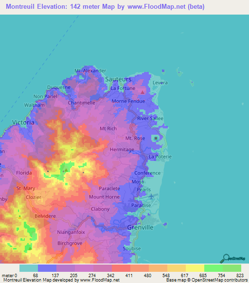 Montreuil,Grenada Elevation Map