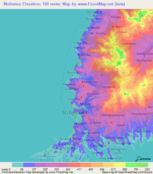Moliniere,Grenada Elevation Map