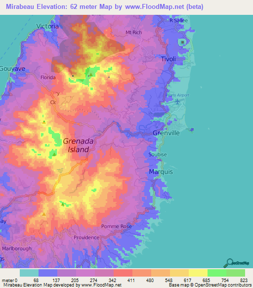 Mirabeau,Grenada Elevation Map