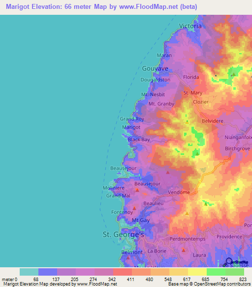 Marigot,Grenada Elevation Map