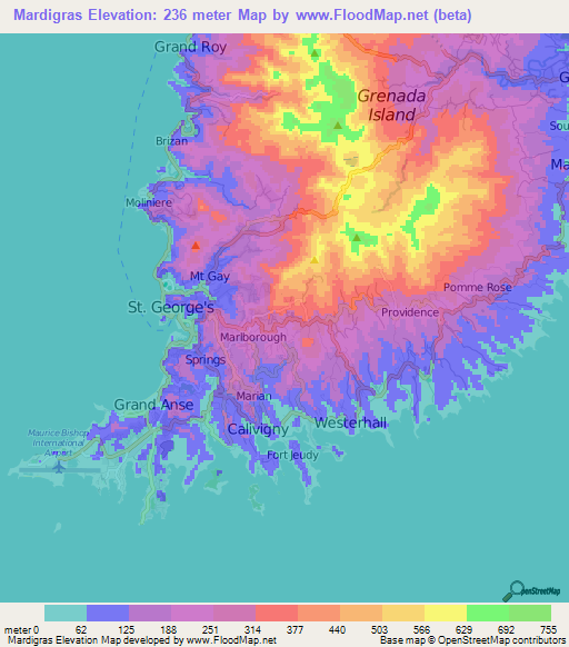 Mardigras,Grenada Elevation Map