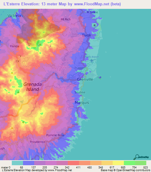 L'Esterre,Grenada Elevation Map