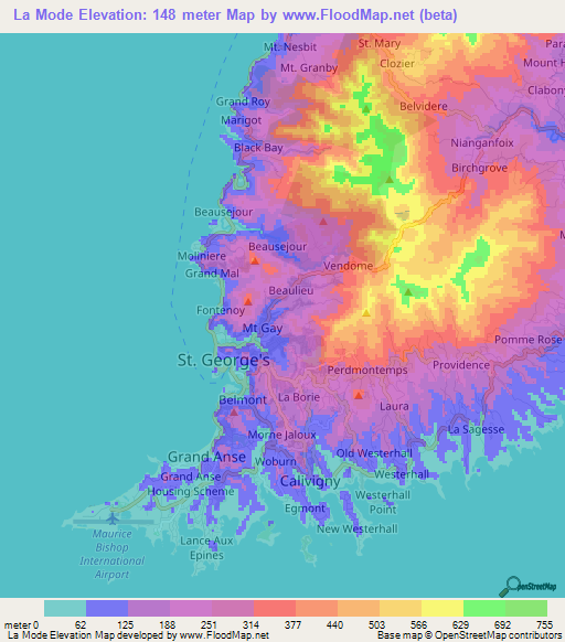 La Mode,Grenada Elevation Map
