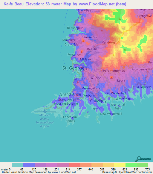 Ka-fe Beau,Grenada Elevation Map