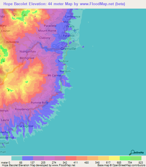 Hope Bacolet,Grenada Elevation Map