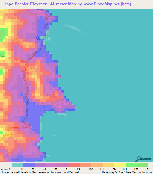 Hope Bacolet,Grenada Elevation Map