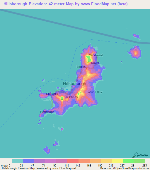 Hillsborough,Grenada Elevation Map