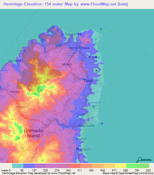 Hermitage,Grenada Elevation Map