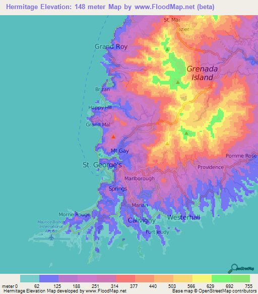 Hermitage,Grenada Elevation Map