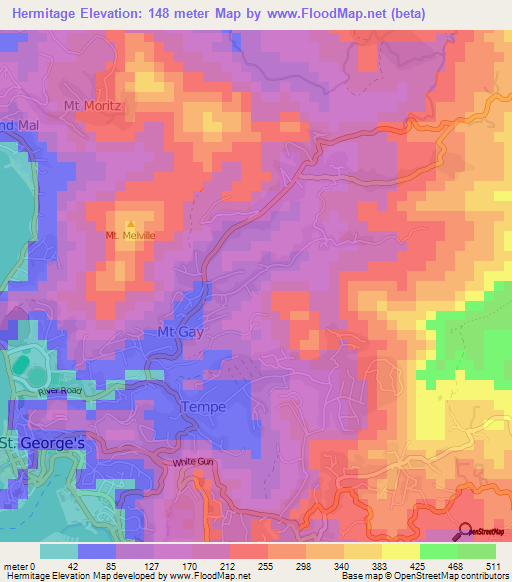 Hermitage,Grenada Elevation Map