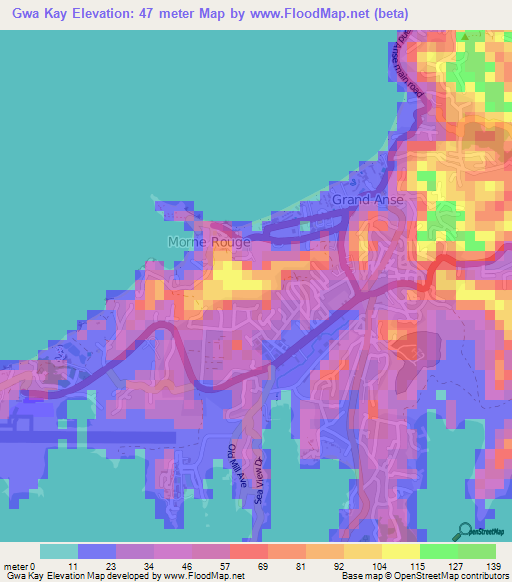 Gwa Kay,Grenada Elevation Map