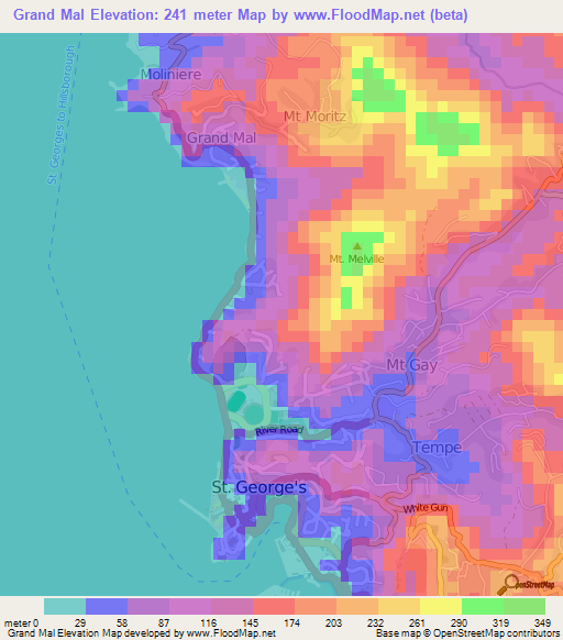 Grand Mal,Grenada Elevation Map