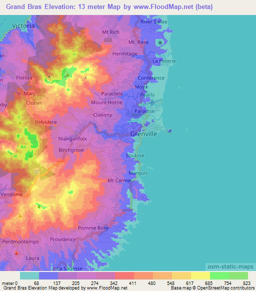 Grand Bras,Grenada Elevation Map