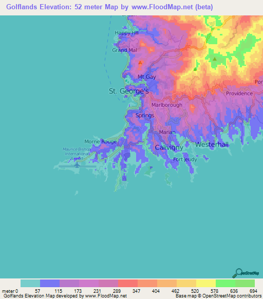 Golflands,Grenada Elevation Map