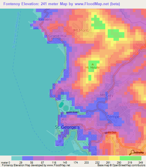 Fontenoy,Grenada Elevation Map