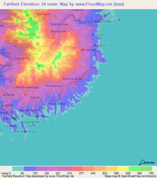Fairfield,Grenada Elevation Map