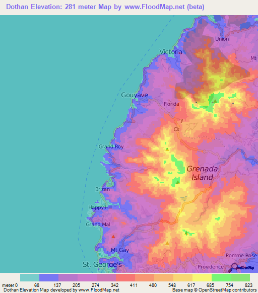 Dothan,Grenada Elevation Map