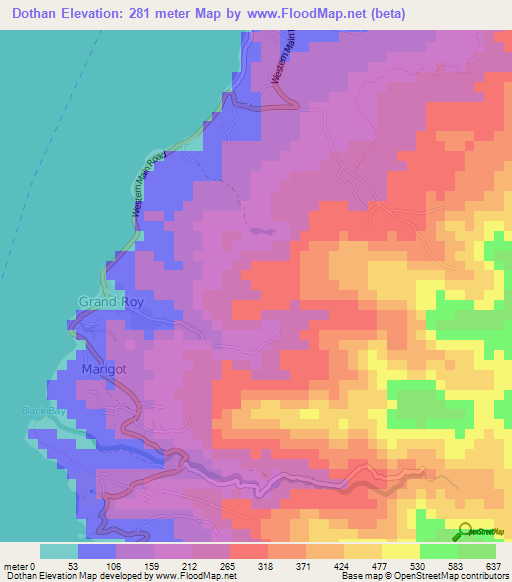 Dothan,Grenada Elevation Map