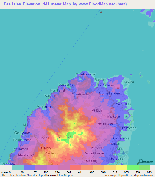 Des Isles,Grenada Elevation Map
