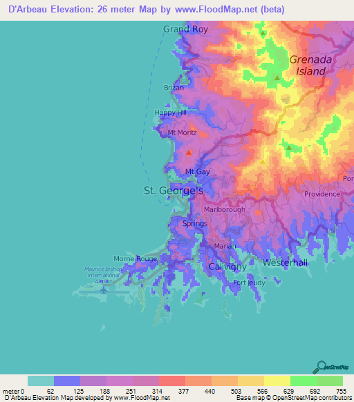 D'Arbeau,Grenada Elevation Map