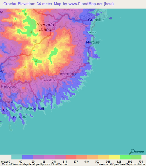 Crochu,Grenada Elevation Map