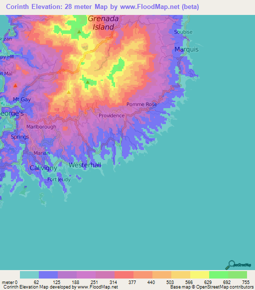 Corinth,Grenada Elevation Map