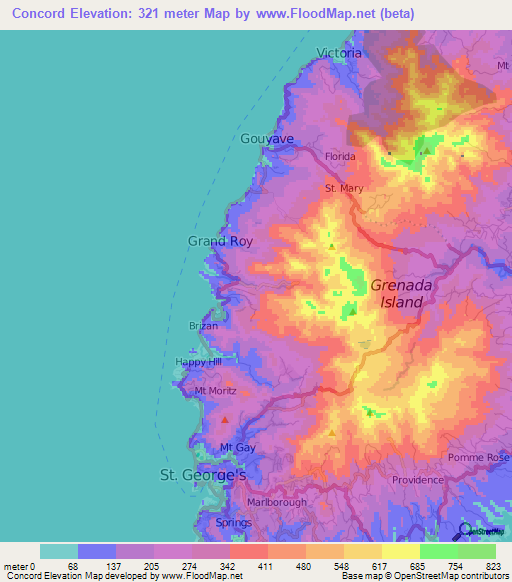 Concord,Grenada Elevation Map