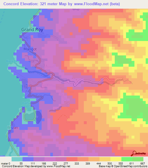 Concord,Grenada Elevation Map