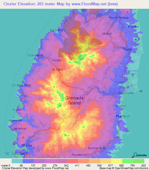 Clozier,Grenada Elevation Map