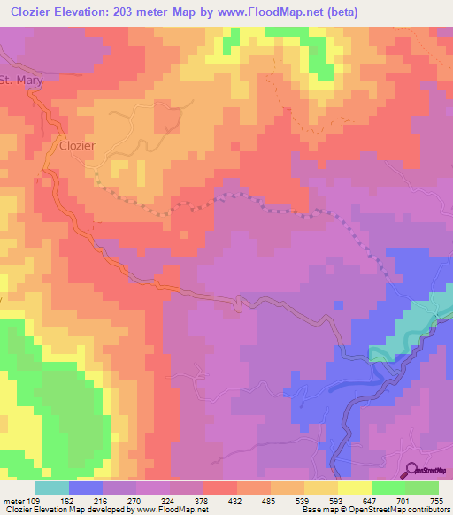 Clozier,Grenada Elevation Map