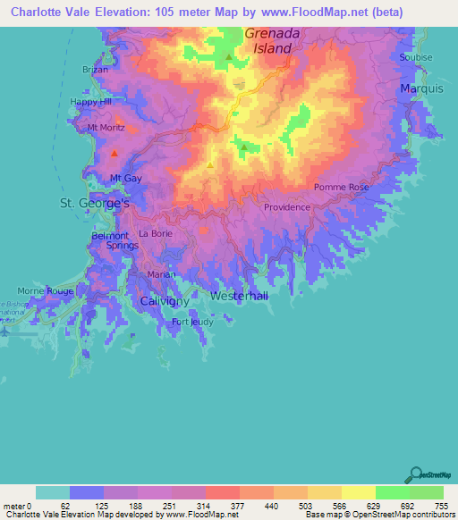 Charlotte Vale,Grenada Elevation Map